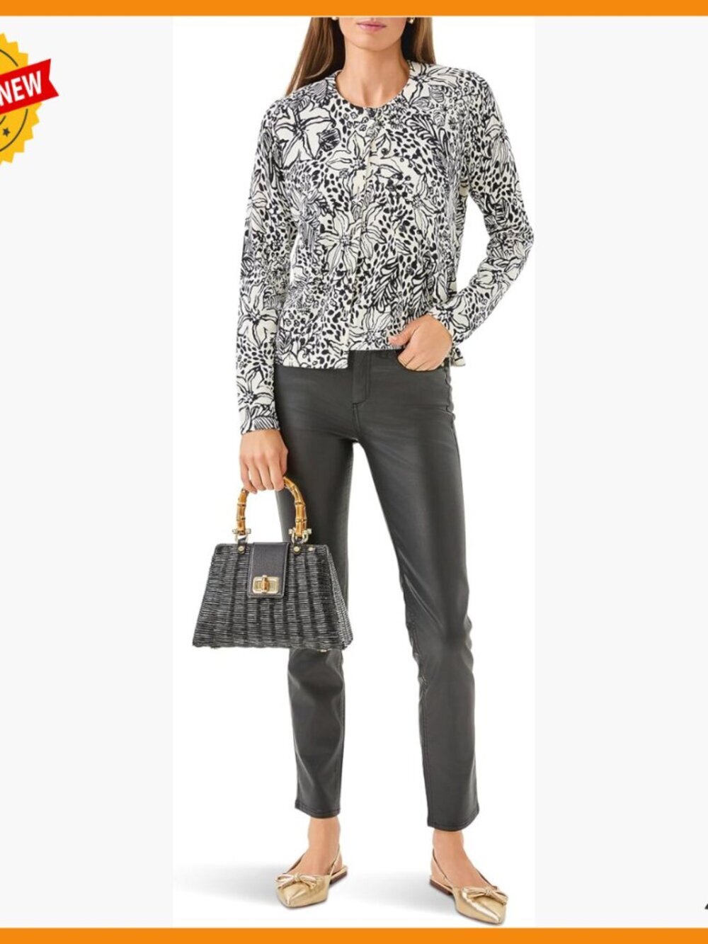 Long Sleeve Button Front Cardigan, Crew Neck, Allover Print